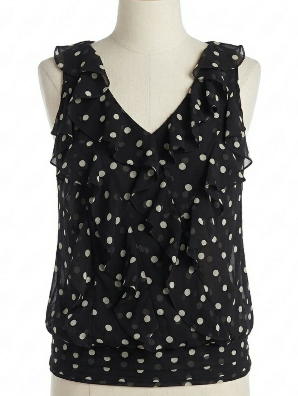 WHITE HOUSE BLACK MARKET Polka Dot Ruffle V-Neck Top Black Ivory XS